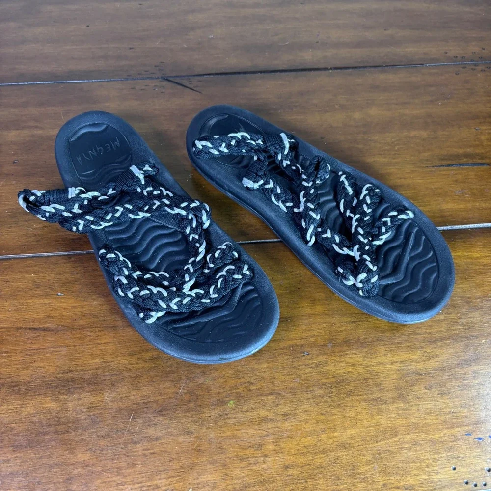 Megnya Walking Sandals Womens 8 Black White Braided‎ Rope Yoga Foam Comfort